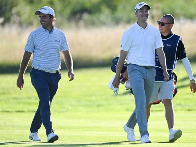 Edoardo Molinari shares a laugh with Rasmus Hojgaard during last year's Made in HimmerLand at Himmerland Golf & Spa Resort in Aalborg, Denmark. Picture: Stuart Franklin/Getty Images.