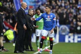 Rangers manager Philippe Clement talks to James Tavernier on the Ibrox touchline. (Photo by Rob Casey / SNS Group)