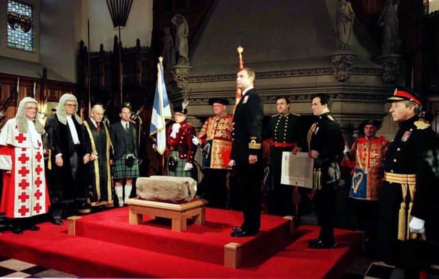 His Royal Highness the Duke of York hands over the Royal Warrant for safe-keeping of the Stone of Destiny, in the Great Hall in Edinburgh Castle