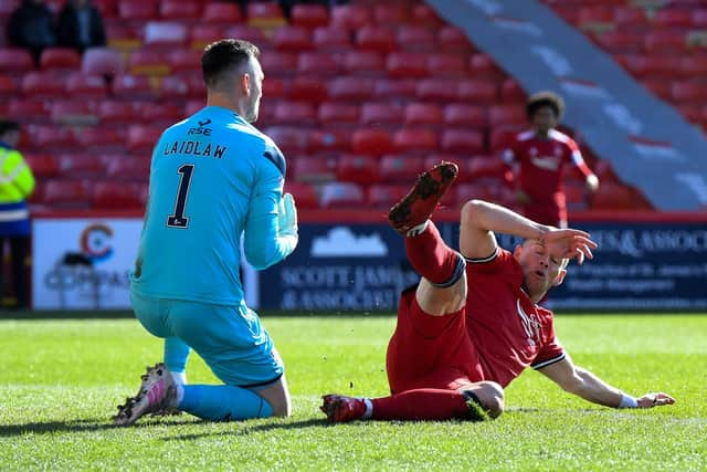 Aberdeen's Christian Ramirez slides in on Ross County goalkeeper Ross Laidlaw.