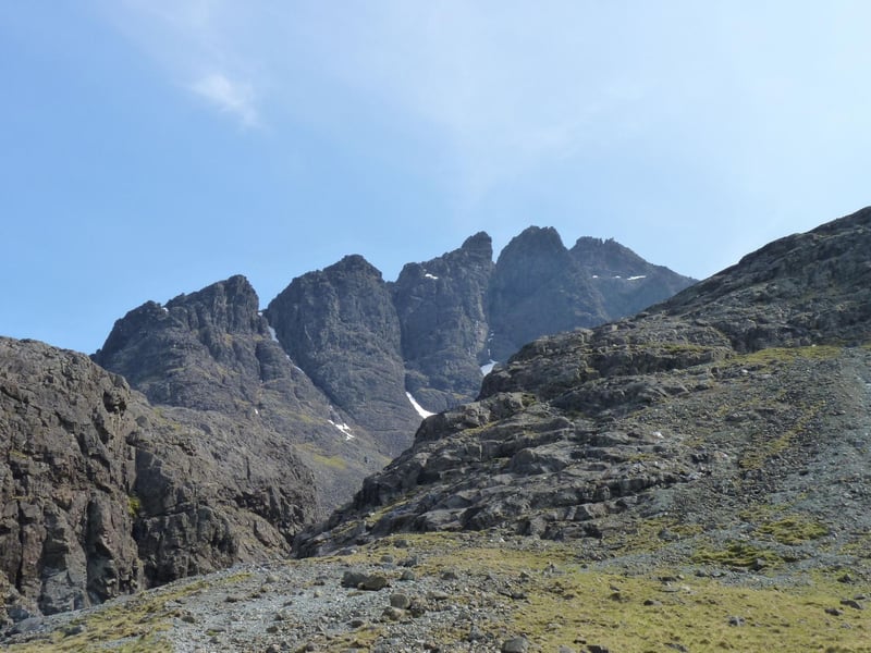 The mighty Cuillin mountain range on the Isle of Skye is the location of the most fearsome Munro in Scotland. It's not the mountain of Sgùrr Dearg (meaning 'red peak') that's the problem - it's the 50-metre high Inaccessible Pinnacle that tops it, which you have to deal with before claiming the summit. The 'Inn Pin' is the only peak that requires rock climbing equipment (along with a fair amount of bravery) to conquer.