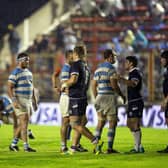 Argentine and Scottish players at the end of the 2018 Test match at the Centenario Stadium, Resistencia. Scotland won 44-15 (Photo by Pablo Gasparini / AFP via Getty Images)