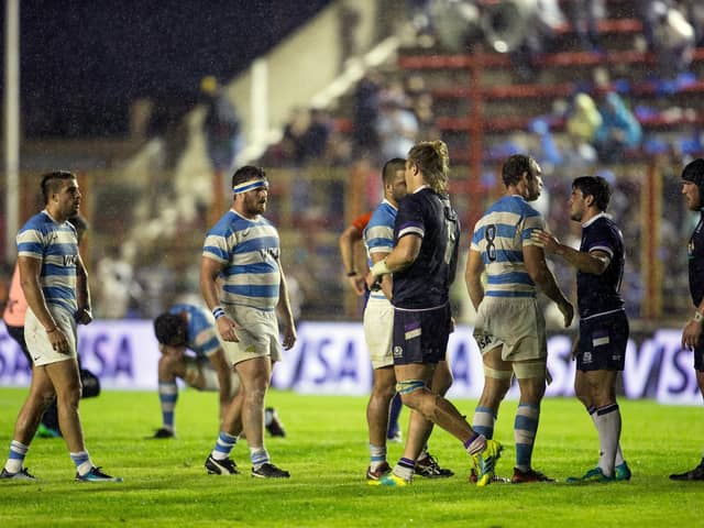 Argentine and Scottish players at the end of the 2018 Test match at the Centenario Stadium, Resistencia. Scotland won 44-15 (Photo by Pablo Gasparini / AFP via Getty Images)