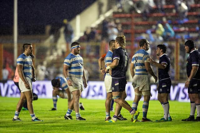 Argentine and Scottish players at the end of the 2018 Test match at the Centenario Stadium, Resistencia. Scotland won 44-15 (Photo by Pablo Gasparini / AFP via Getty Images)