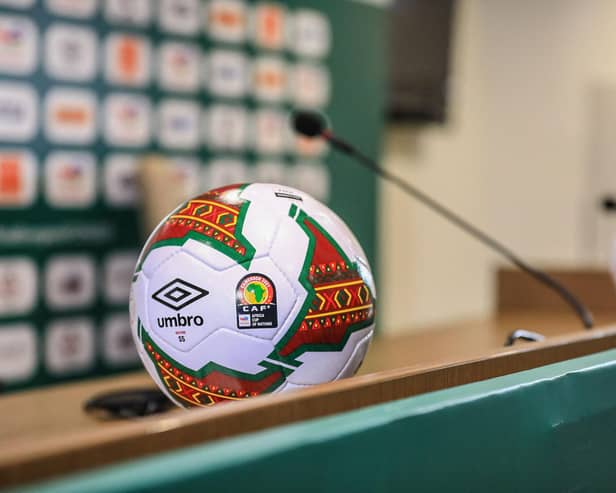The official ball of the 2021 Africa Cup of Nations, which kicks off in Cameroon on Sunday, January 9. (Photo by DANIEL BELOUMOU OLOMO/AFP via Getty Images)