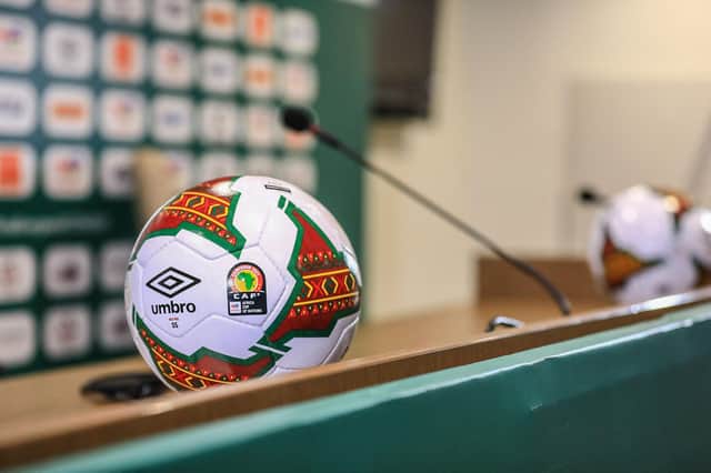 The official ball of the 2021 Africa Cup of Nations, which kicks off in Cameroon on Sunday, January 9. (Photo by DANIEL BELOUMOU OLOMO/AFP via Getty Images)