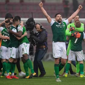 Hibs' Darren McGregor celebrates victory over derby rivals Hearts in the Leith side's most recent trip to Tynecastle, in 2019. Photo by Craig Williamson/SNS