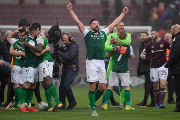 Hibs' Darren McGregor celebrates victory over derby rivals Hearts in the Leith side's most recent trip to Tynecastle, in 2019. Photo by Craig Williamson/SNS