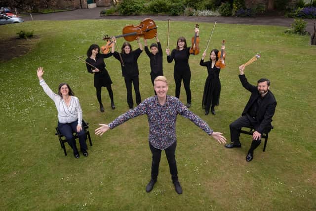 Composer Jay Capperauld with students and staff from St Mary's Music School in Edinburgh.