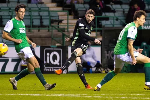 One of the several efforts on goal attempted by Celtic's Ryan Christie during Saturday 2-2 draw at Easter Road (Photo by Craig Williamson / SNS Group)