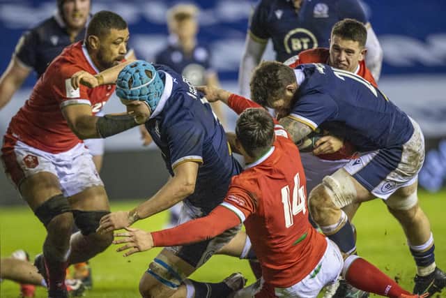 Scotland's Scott Cummings (left) was guilty of blocking and Gary Graham (with ball) had his try disallowed. Picture: Craig Williamson/SNS