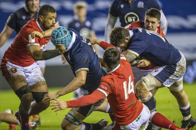 Scotland's Scott Cummings (left) was guilty of blocking and Gary Graham (with ball) had his try disallowed. Picture: Craig Williamson/SNS