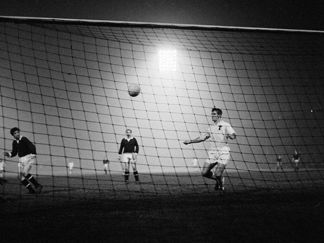 Norrie Davidson scores Hearts' fourth goal on their way to victory over Moscow Torpedo at Tynecastle in December 1962