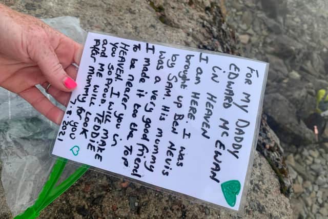 Personal Trainer finds heartfelt note for a child’s lost father placed at Ben Nevis peak to be ‘nearer to heaven’.