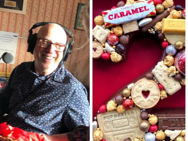 Ken Bruce, and the cake baked by 2013 Great British Bake Off winner Frances Quinn to celebrate the BBC Radio 2 show host's 70th birthday.
