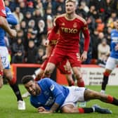 Rangers defender Connor Goldson goes down in the Aberdeen box after having his shirt pulled before he is awarded a penalty following a VAR check. (Photo by Craig Williamson / SNS Group)