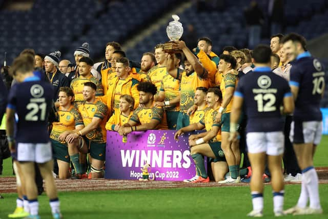 Taniela Tupou of Australia lifts the Hopetoun Cup during the Autumn International match between Scotland and Australia at Murrayfield.