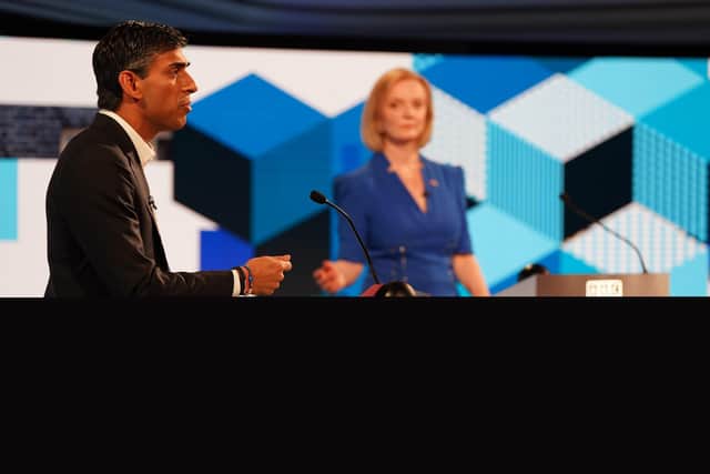 Rishi Sunak and Liz Truss pictured taking part in the BBC Tory leadership debate, Our Next Prime Minister, presented by Sophie Raworth, a head-to-head debate at Victoria Hall in Hanley, Stoke-on-Trent, between the Conservative party leadership candidates.