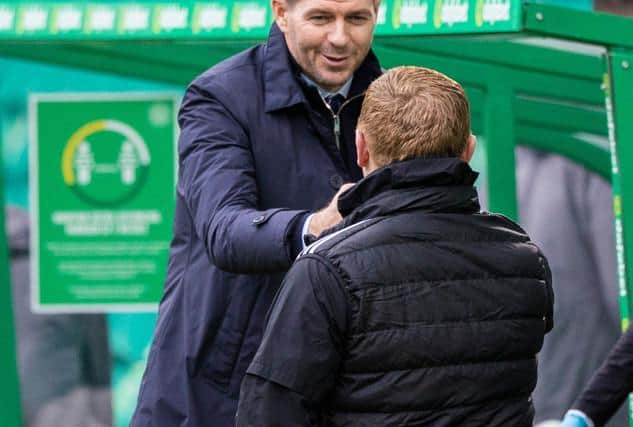Rangers manager Steven Gerrard with Celtic manager Neil Lennon (right) during a Scottish Premiership match on October 17, 2020. (Photo by Craig Williamson / SNS Group)