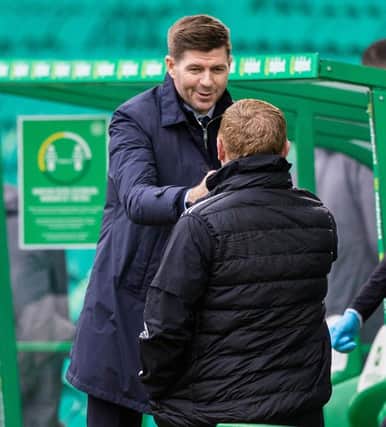 Rangers manager Steven Gerrard with Celtic manager Neil Lennon (right) during a Scottish Premiership match on October 17, 2020. (Photo by Craig Williamson / SNS Group)