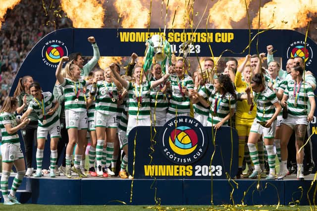 Celtic lift the Women's Scottish Cup after the 2-0 win over Rangers. (Photo by Ross MacDonald / SNS Group)