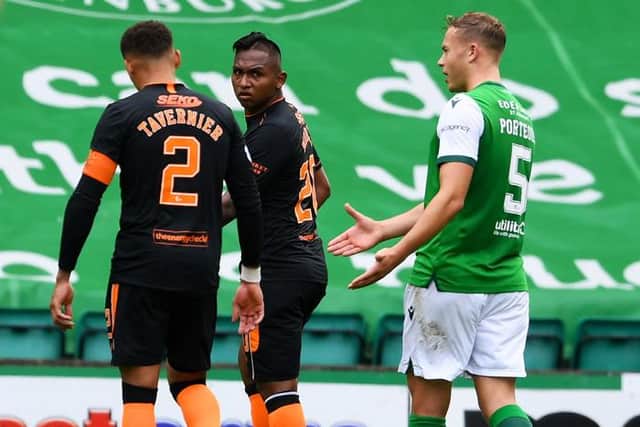 Rangers James Tavernier turns down a handshake from Ryan Porteous at full time during a Scottish Premiership match between Hibs and Rangers at Easter Road on September 20, 2020.