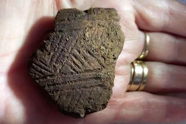 A rare 4,000-year-old sherd of Beaker pottery that was saved from being washed into the sea at Burra, Shetland. PIC: Jenny Murray.