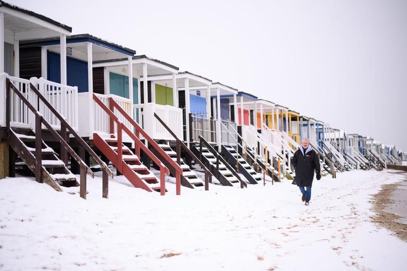 The heavy snow across the UK has left this beach in Southend, England, covered in snow.