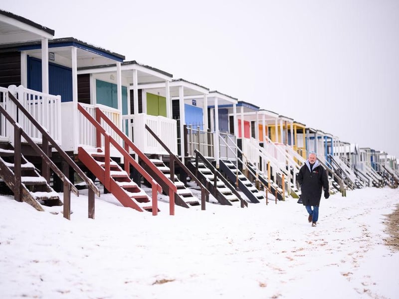 The heavy snow across the UK has left this beach in Southend, England, covered in snow.