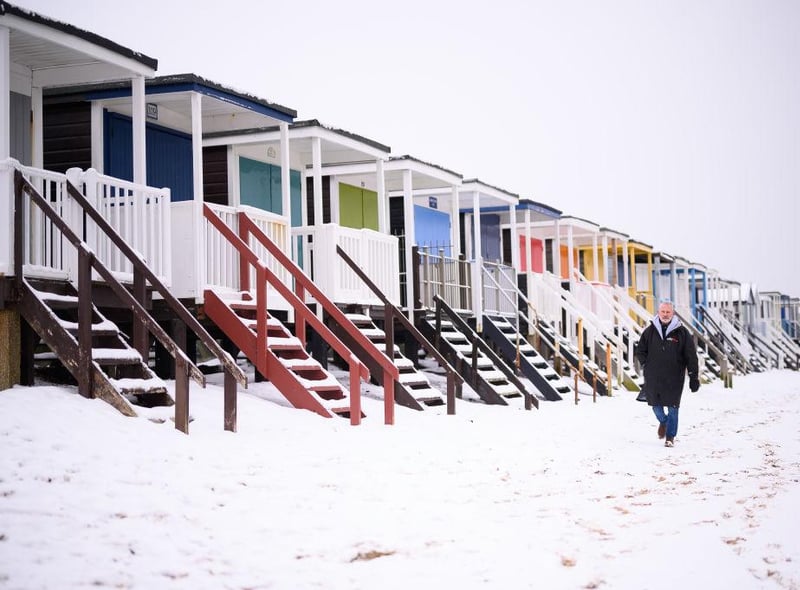 The heavy snow across the UK has left this beach in Southend, England, covered in snow.
