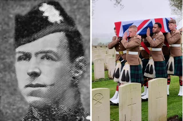 Lance Serjeant Robert Brand, of the 9th (Glasgow Highland) Battalion, Highland Light Infantry, was buried at the Commonwealth War Graves Commission's Messines Ridge Cemetery in Belgium on Wednesday. Photo: Ministry of Defence