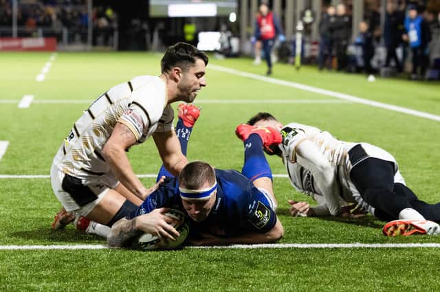 Edinburgh's Glen Young slides in for a first-half try during the EPCR Challenge Cup match against Gloucester at Hive Stadium. The English visitors won 21-20. (Photo by Ross Parker / SNS Group)