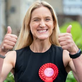 Labour candidate Kim Leadbeater celebrates by a canal in Huddersfield after winning the Batley and Spen by-election. Picture: Danny Lawson/PA Wire