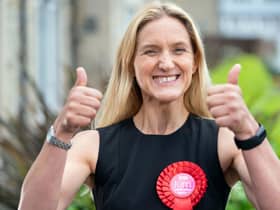 Labour candidate Kim Leadbeater celebrates by a canal in Huddersfield after winning the Batley and Spen by-election. Picture: Danny Lawson/PA Wire