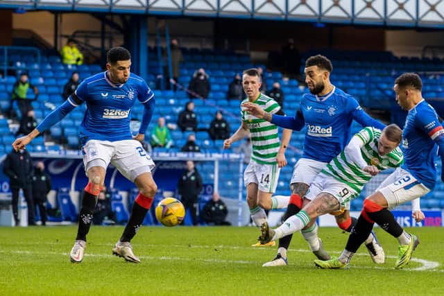 Celtic's Leigh Griffiths is closed down by Connor Goldson and Leon Balogun (left) as as he has a shot on goal during the Old Firm match on January 2 (Photo by Alan Harvey / SNS Group)