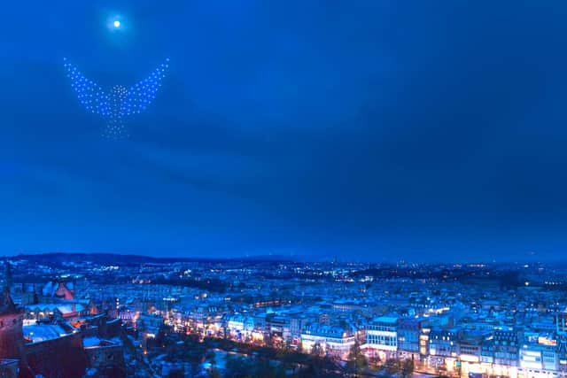 Drone sequences were filmed in the Highlands and superimposed onto footage of vantage points across Edinburgh.