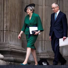 Former British prime minister Theresa May and her husband Philip May leaving the National Service of Thanksgiving at St Paul's Cathedral, London, on day two of the Platinum Jubilee celebrations. Picture: Henry Nicholls/PA Wire