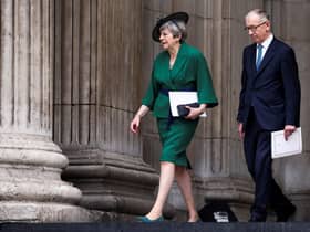 Former British prime minister Theresa May and her husband Philip May leaving the National Service of Thanksgiving at St Paul's Cathedral, London, on day two of the Platinum Jubilee celebrations. Picture: Henry Nicholls/PA Wire