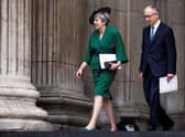 Former British prime minister Theresa May and her husband Philip May leaving the National Service of Thanksgiving at St Paul's Cathedral, London, on day two of the Platinum Jubilee celebrations. Picture: Henry Nicholls/PA Wire