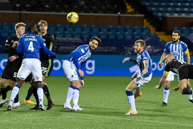 Scott Brown opens the scoring  for Celtic with a tidy header in their 4-0 victory in Kilmarnock. (Photo by Rob Casey / SNS Group)