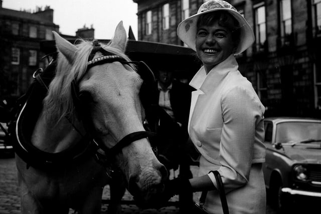 Swedish film actress Elsa Prawitz with milk horse Gilbert outside the Film House in 1963.