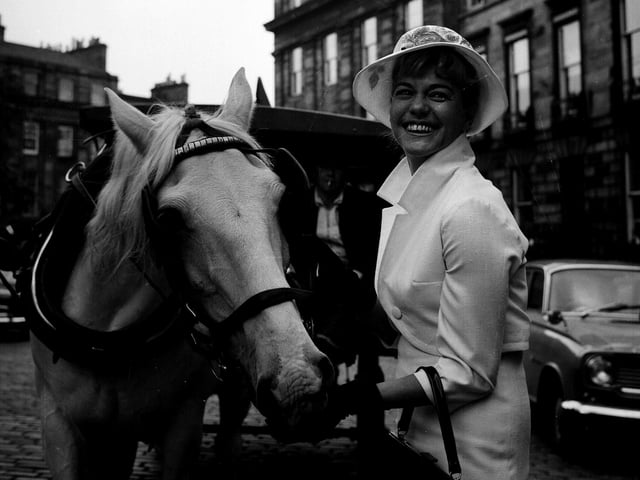 Swedish film actress Elsa Prawitz with milk horse Gilbert outside the Film House in 1963.