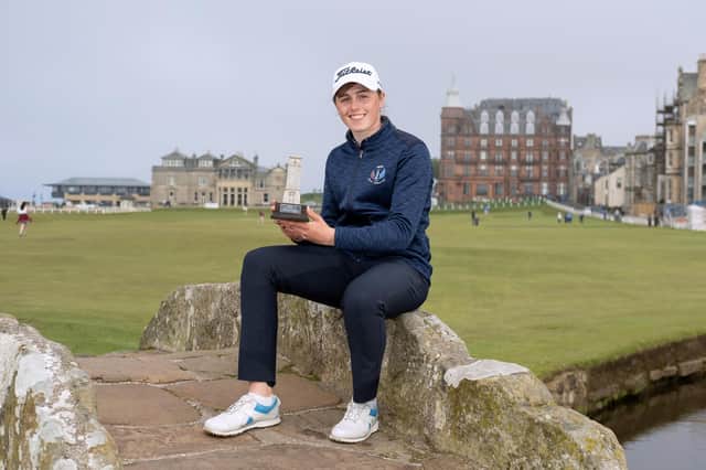 Hannah Darling shows off the St Rule Trophy after her weekend win in St Andrews. Picture: St Andrews Links Trophy