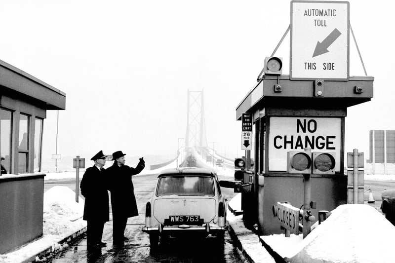 The first day of the automated toll system on the Forth Road Bridge in February 1966.