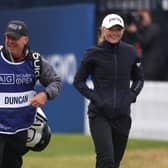Dean Robertson pictured caddying for Louise Duncan during the 2022 AIG Women's Open at Muirfield. Picture: Charlie Crowhurst/Getty Images.