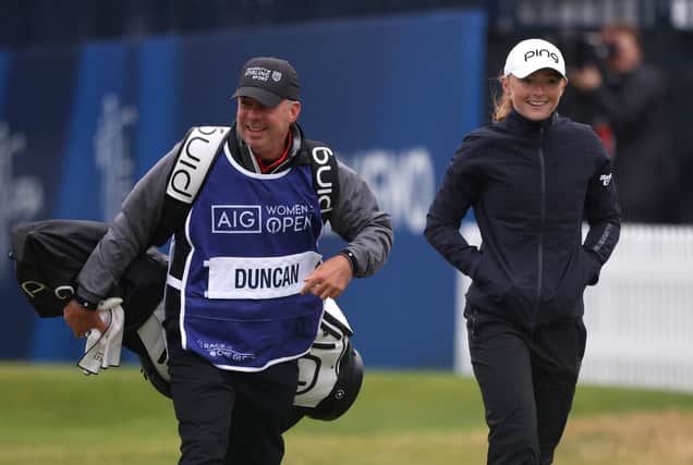 Dean Robertson pictured caddying for Louise Duncan during the 2022 AIG Women's Open at Muirfield. Picture: Charlie Crowhurst/Getty Images.