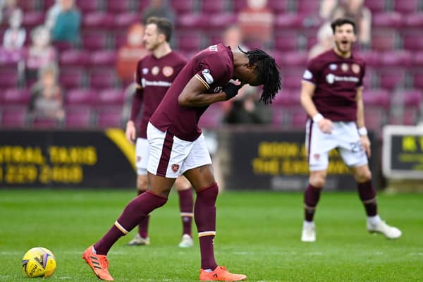 Armand Gnanduillet scored Hearts' second goal against Queen of the South.