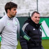 Celtic manager Brendan Rodgers and Matt O'Riley during a Celtic training session at Lennoxtown on Friday.