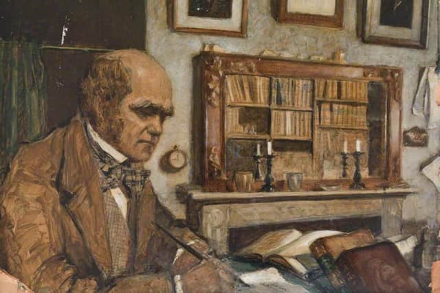 Oil painting by Victor Eustaphieff of Darwin in his study at Down House with one of his bookcases that made up his extensive personal library reflected in the mirror.