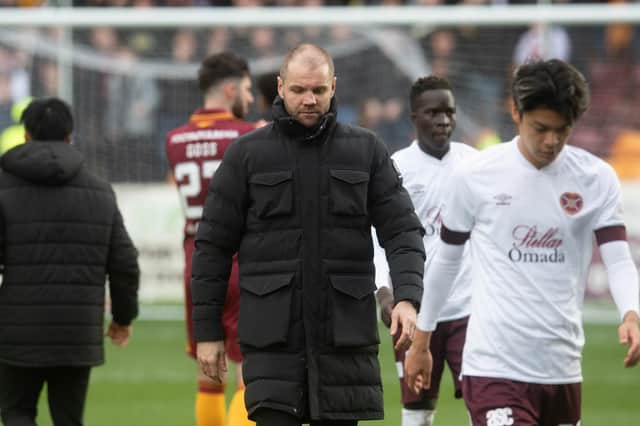 Hearts manager Robbie Neilson looks dejected after the 2-0 defeat at Motherwell. (Photo by Craig Foy / SNS Group)